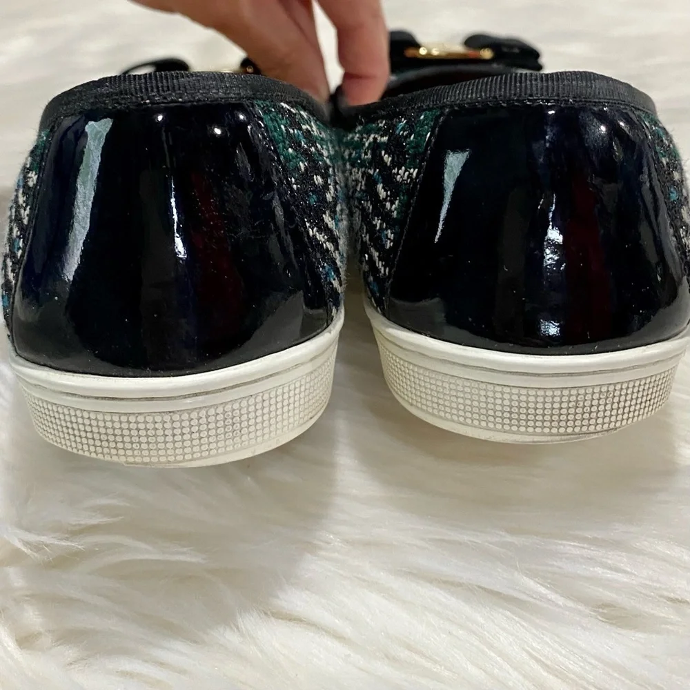Ferragamo Rufina‎ Tweed Patent Leather Flats Green Black 5.5